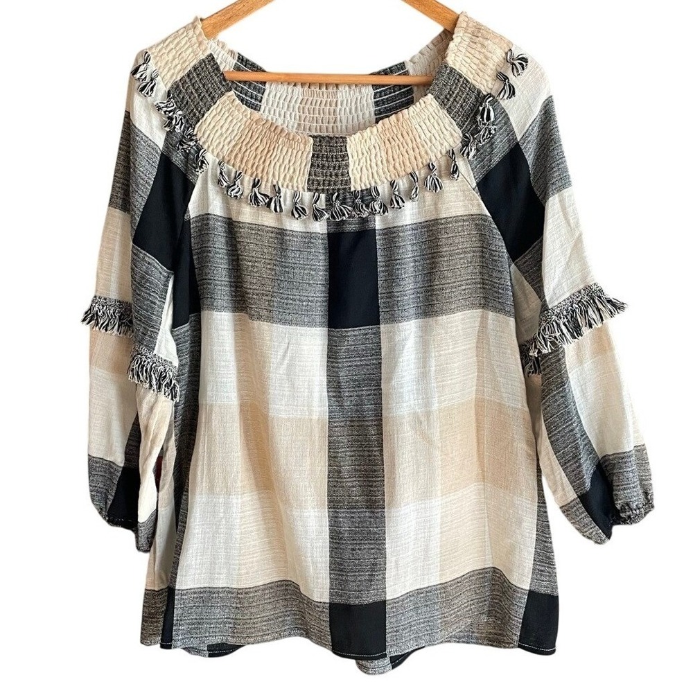 Soft Surroundings Womens Size Small Plaid 3/4 Sleeve Blouse Smocked Neck Tassels